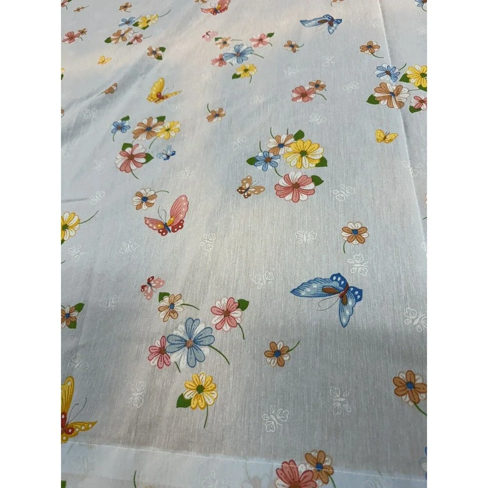 Vintage Thomaston No Iron FULL Flat Sheet Blue with Flowers and Butterflies READ